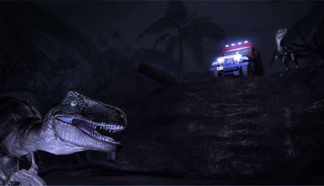 Nedryho jeep z Jurského parku a velociraptoři Foto: Jurský park- Nedryho auto