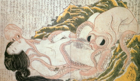 Obr: Kacu&scaron;ika Hokusai: Nah&aacute; d&iacute;vka v objet&iacute; chobotnic