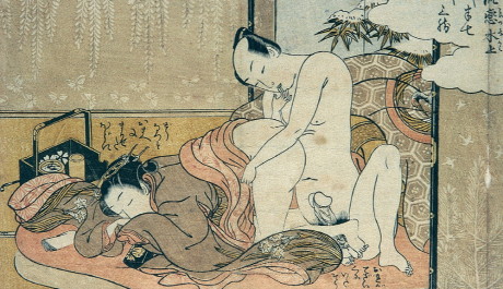 Obr: Suzuki Harunobu, Milenci s kuř&aacute;ck&yacute;m n&aacute;čin&iacute;m