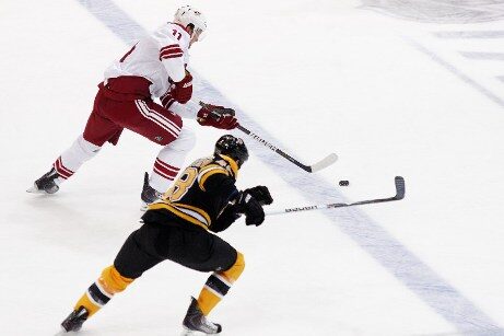 Martin Hanzal (vzadu) se snaží uniknout Mattu Hunwickovi