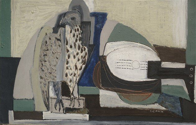 Obr. Emil Filla: Zátiší se sokolem a mandolínou.