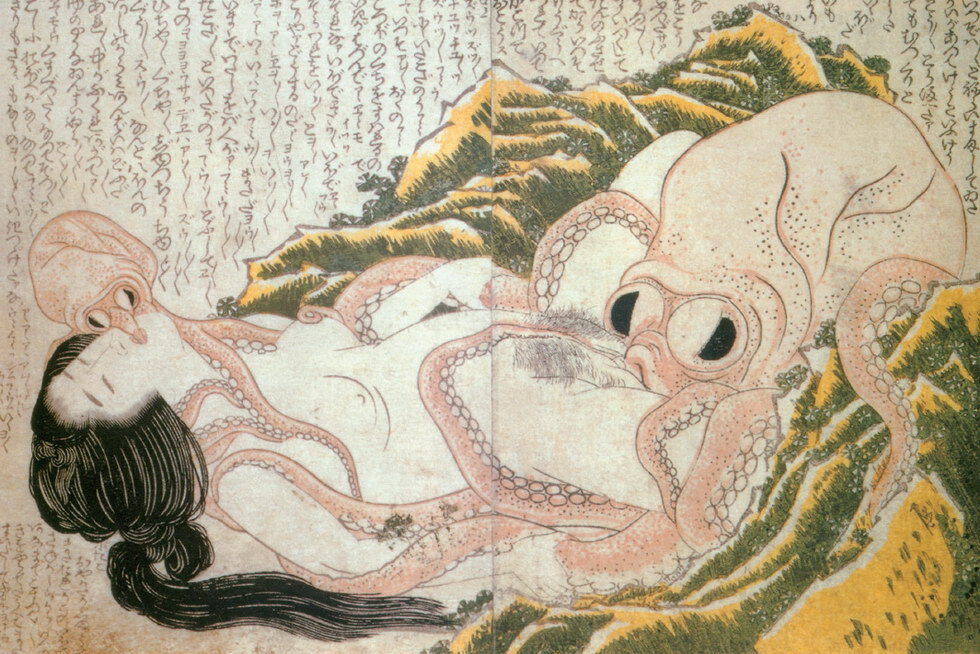 Obr: Kacušika Hokusai: Nahá dívka v objetí chobotnic