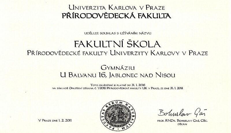 Certifikát fakultní školy Přírodovědecké fakulty Univerzity Karlovy