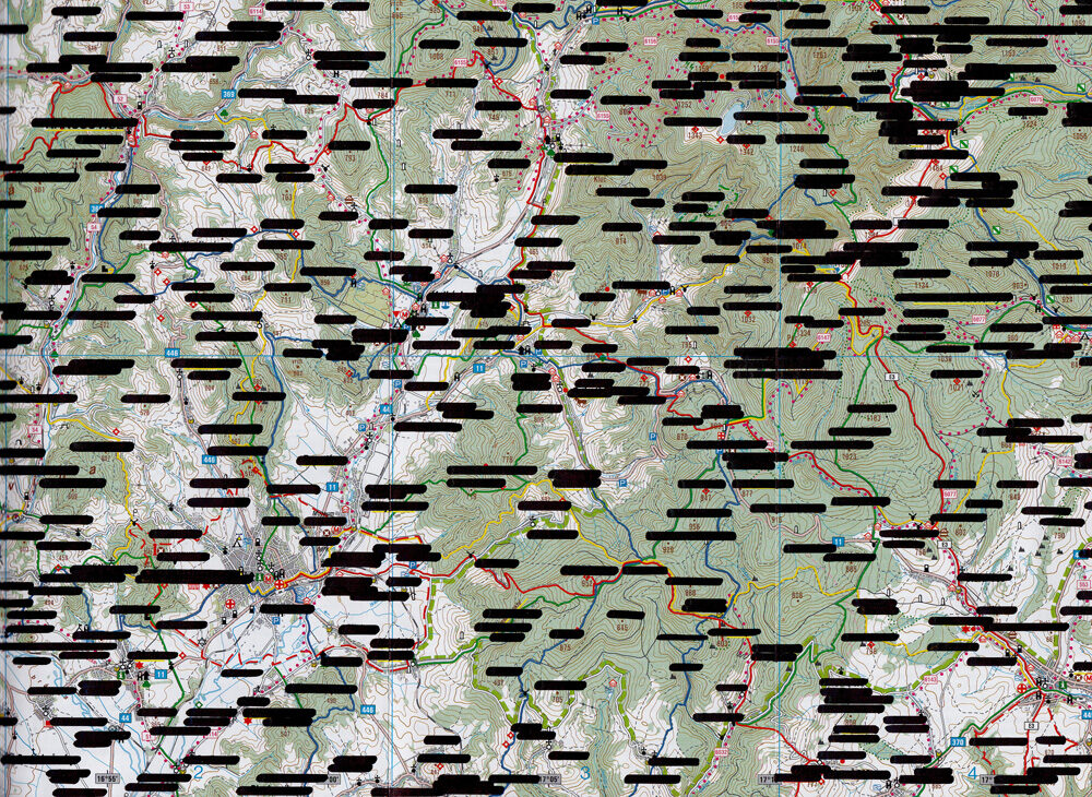 OBR: Jana Kasalová, Z cyklu Vlčí Jámy (Wolfsgrub), kresba permanentním fixem na mapě, 2011