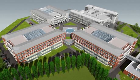 Vizualizace budoucí podoby areálu Univerzity Hradec Králové. Šedivě stávající budovy, barevně vlevo objekt Přírodovědecké fakulty.